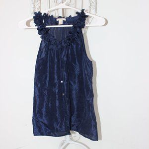 Navy Blue Ruffle - Floral Neck-Line Tank Top